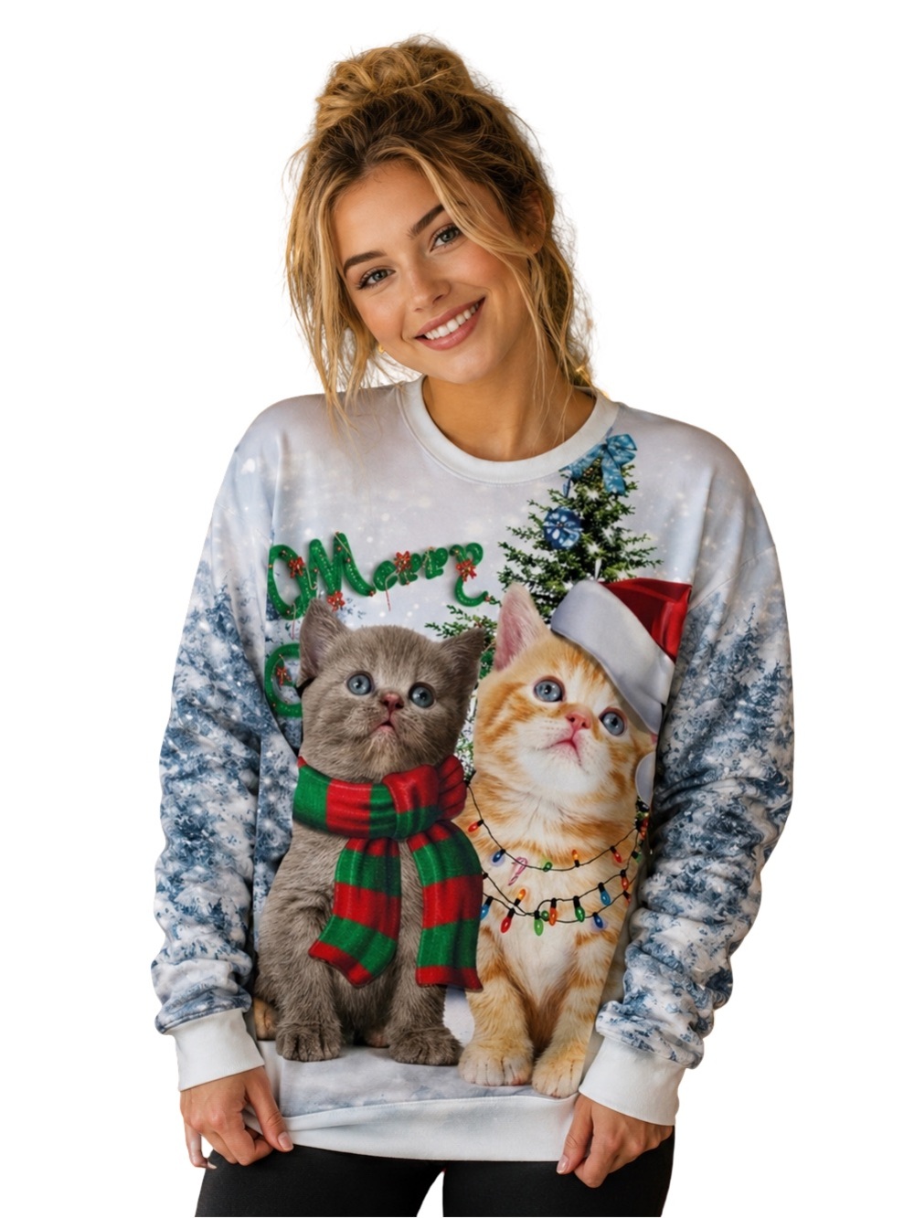 Christmas Kitten Sweatshirt Cute Cat Graphic Holiday Winter Pullover Cozy s